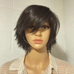 NWT 10” dark chocolate brown silky side adjust part long bangs choppy sides